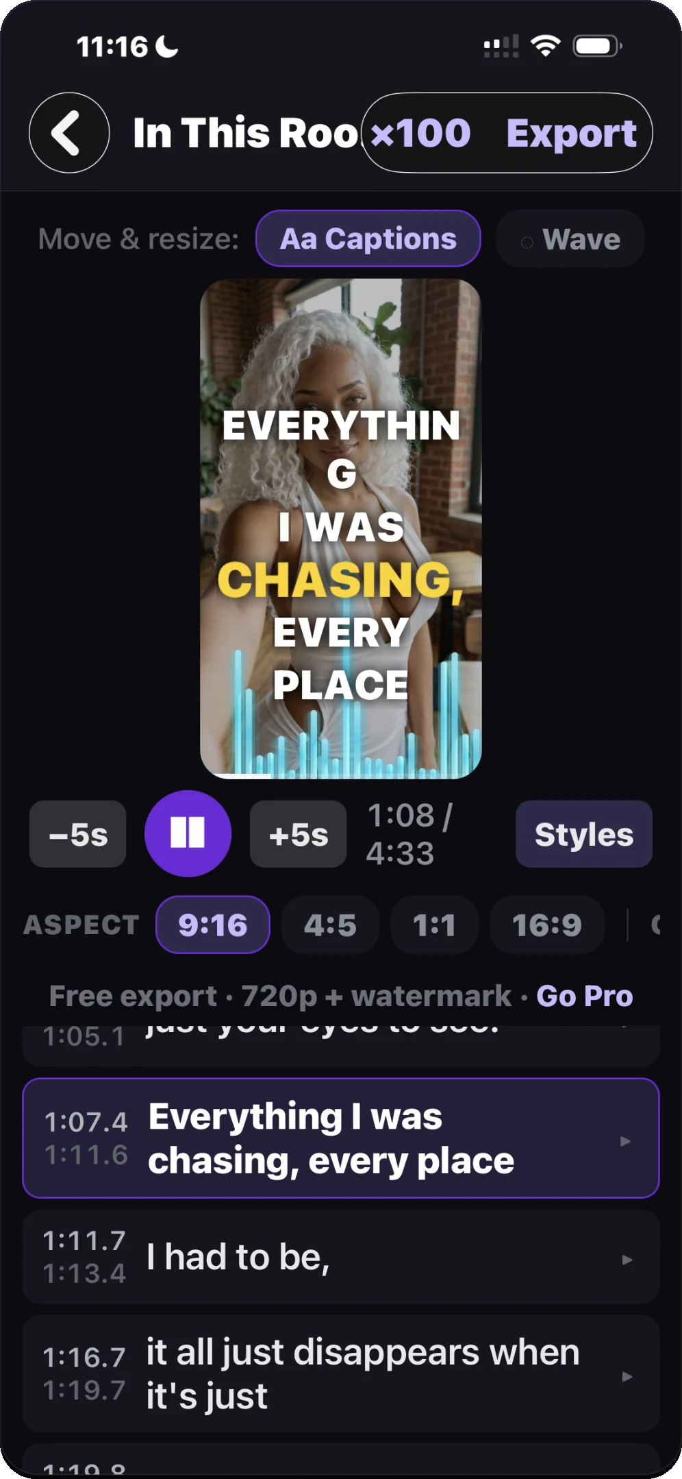 Lyricon editor screen showing word-by-word synced captions over vertical video