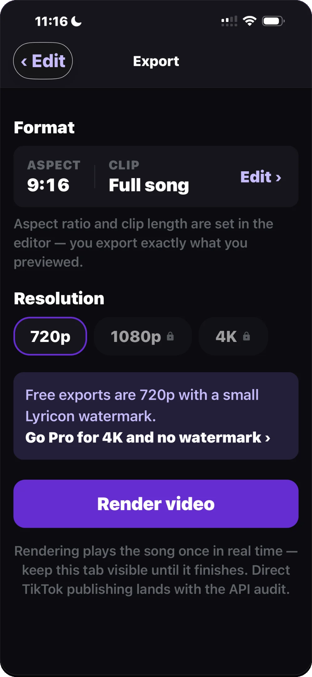 Lyricon's export screen showing 720p selected with 1080p and 4K locked behind Pro