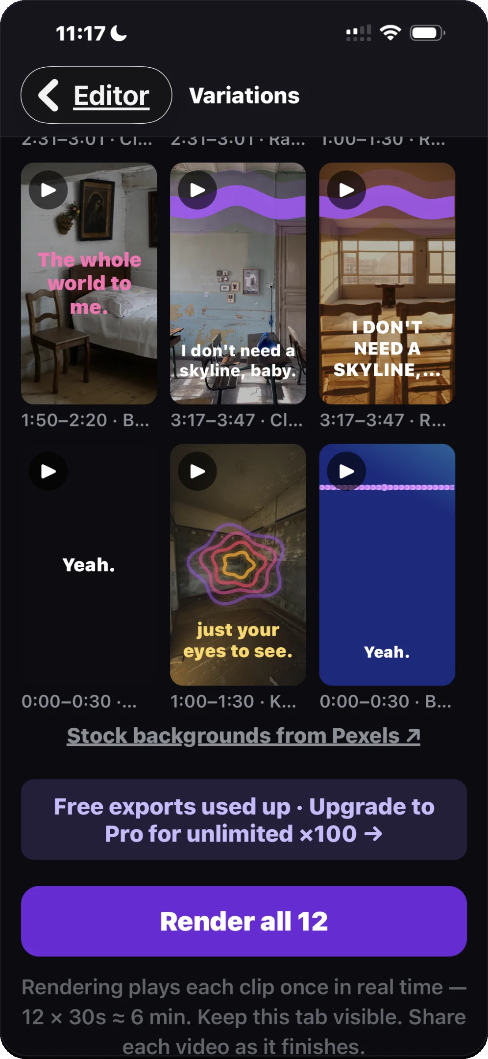 Lyricon output grid showing different caption styles applied to the same song