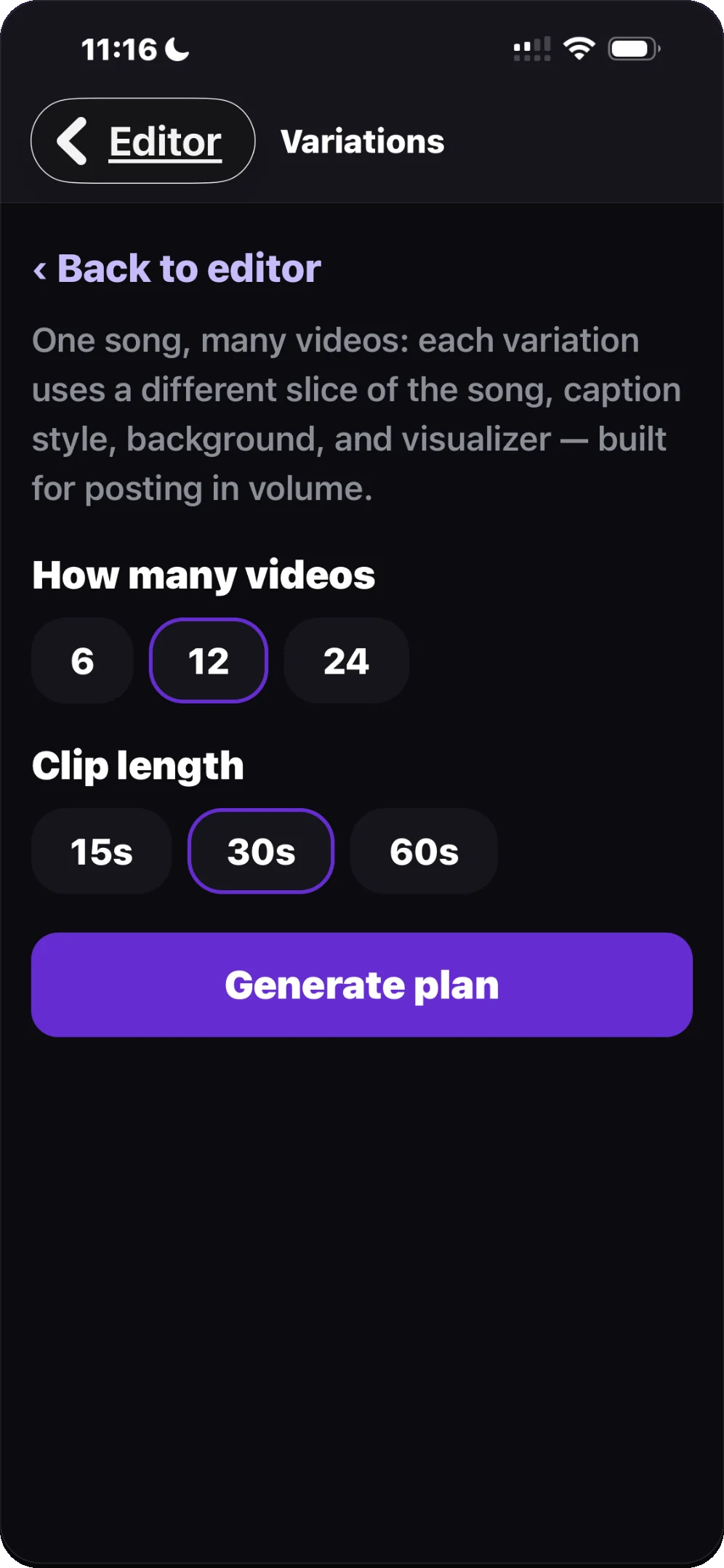 Lyricon batch settings screen with 6, 12, or 24 video count and 15, 30, or 60-second clip length options